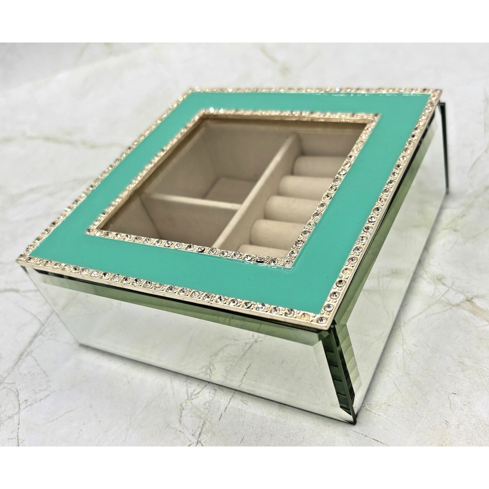 Nicole Miller Hollywood Regency Style Mirrored Trinket Box Seafoam‎ Enamel EUC
